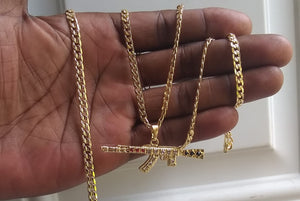 18k Gold Filled 5mm Cuban Link Diamond Cut Chain Bracelet  and Pendant  Set