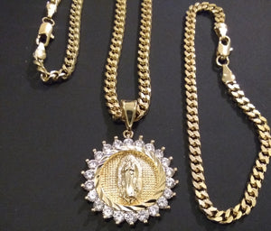 14k Gold Filled 3mm Cuban Link Chain Bracelet and Pendant  Set