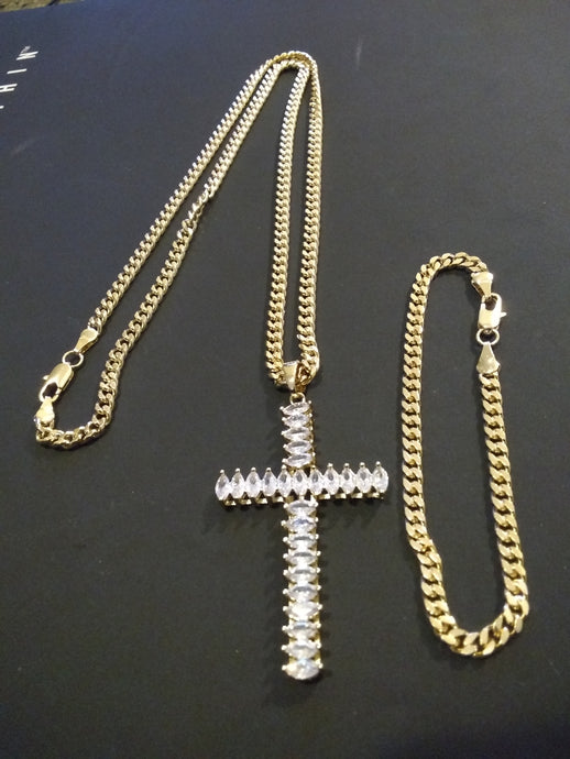 14k Gold Filled 3mm Cuban Link Chain Bracelet and Pendant  Set