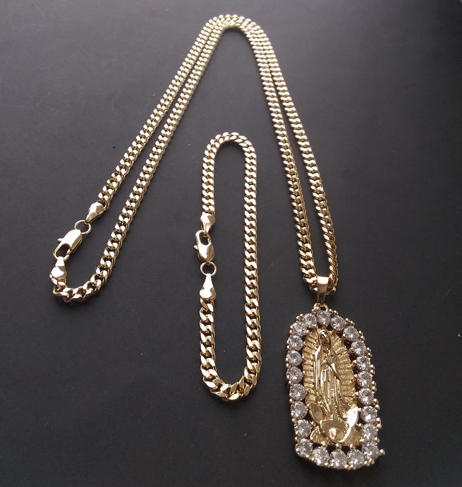 14k Gold Filled 3mm Cuban Link Chain Bracelet and Pendant  Set