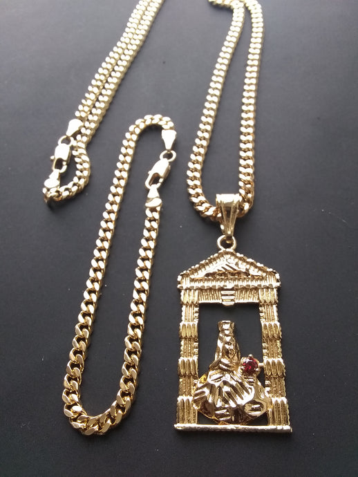 14k Gold Filled 3mm Cuban Link Chain Bracelet and Pendant  Set