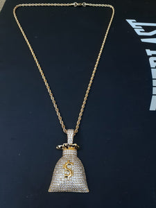 14k gold-plated Iced Out Money Bag emoji 3mm Chain and Pendant set