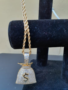 14k gold-plated Iced Out Money Bag emoji 3mm Chain and Pendant set
