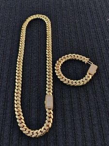 Gold-plated 12mm Cuban Link chain and bracelet set with CZ diamond lock