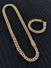 Gold-plated 12mm Cuban Link chain and bracelet set with CZ diamond lock