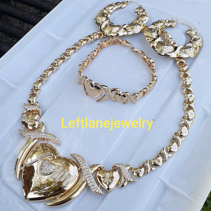 14k Gold Filled Full Set chunky heart xoxo set Chain, Bracelet And Earrings