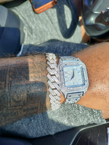 14k white gold plated iced out Cuban Link prong bracelet and iced out square face watch