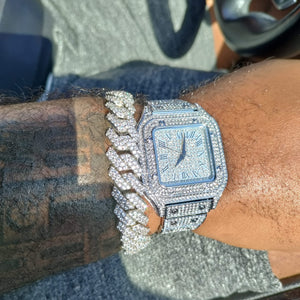 14k white gold plated iced out Cuban Link prong bracelet and iced out square face watch