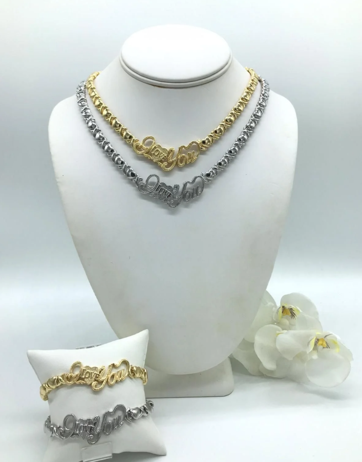 LOVERS SPECIAL 14k Gold Filled and white gold filled Womens I LOVE You 💖 X&O Hugs and Kisses Full Set Chain And Bracelet all 4 pieces included