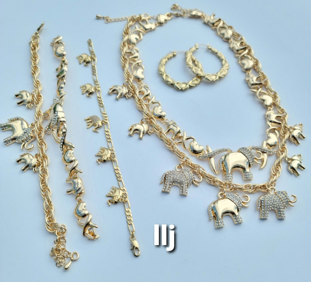 14k Gold Filled Full Set chunky Elephant xoxo set 2Chains, 2Bracelet ,a anklet and hoop Earrings